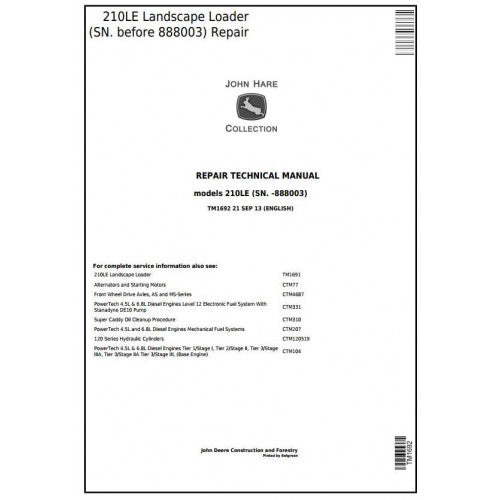 John Deere 210LE Landscape Loader Pdf Repair Service Technical Manual TM1692