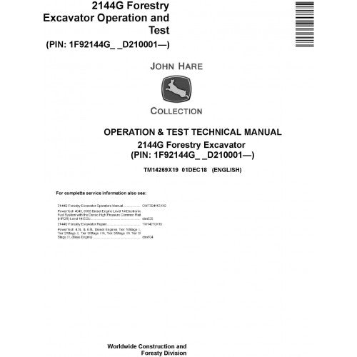 John Deere 2144G Forestry Excavator Diagnostic, Operation and Tests Technical Service Manual Pdf - TM14269X19 2