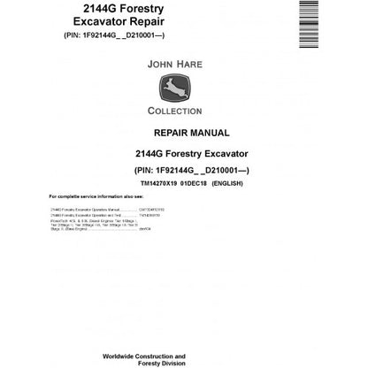 John Deere 2144G Forestry Excavator Pdf Repair Service Technical Manual TM14270X19 2