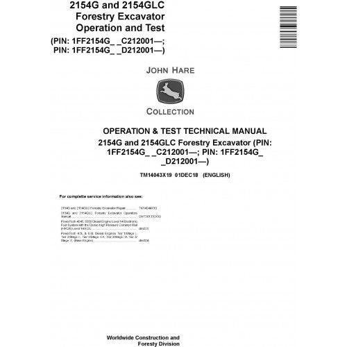 John Deere 2154G, 2154GLC Forestry Excavator Diagnostic, Operation and Tests Technical Service Manual Pdf - TM14043X19