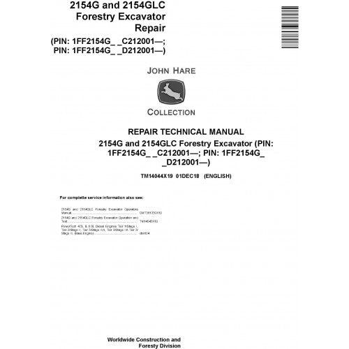 John Deere 2154G, 2154GLC Forestry Excavator Pdf Repair Service Technical Manual TM14044X19