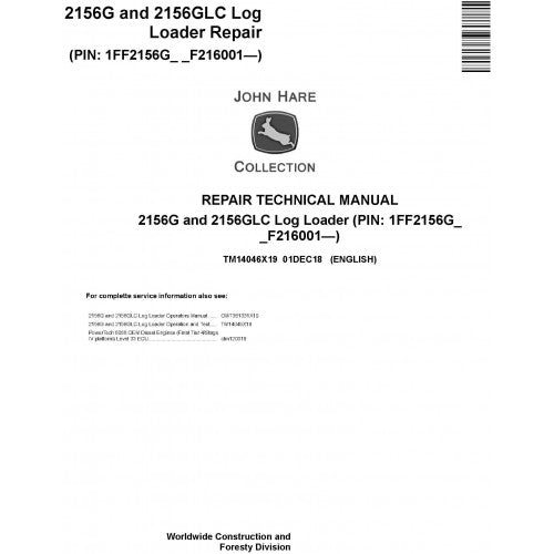 John Deere 2156G, 2156GLC Log Loader Pdf Repair Service Technical Manual TM14046X19