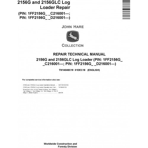 John Deere 2156G, 2156GLC Log Loader Pdf Repair Service Technical Manual TM14048X19 2