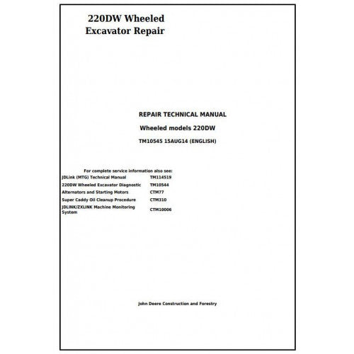 John Deere 220DW Wheeled Excavator Pdf Service Repair Technical Manual - TM10545