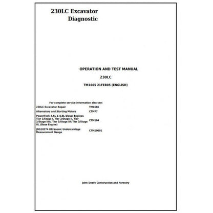 John Deere 230LC Excavator Diagnostic, Operation and Tests Service Manual Pdf - TM1665