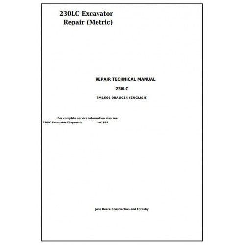 John Deere 230LC Excavator Pdf Repair Service Technical Manual TM1666