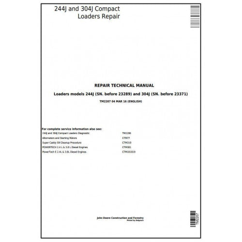 John Deere 244J, 304J Compact Loader Pdf Repair Service Technical Manual TM2207