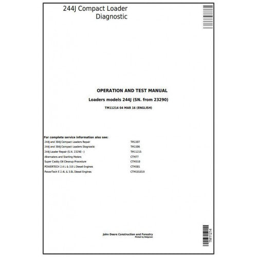 John Deere 244J Compact Loader Diagnostic, Operation and Tests Service Manual Pdf - TM11214