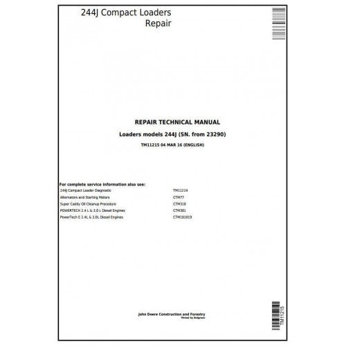 John Deere 244J Compact Loader Pdf Repair Service Technical Manual TM11215