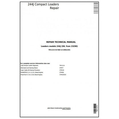 John Deere 244J Compact Loader Service Repair Technical Manual Pdf TM11215 2