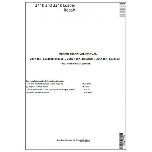 John Deere 244K, 224K-II, 324K Loader Pdf Repair Service Technical Manual TM13279X19