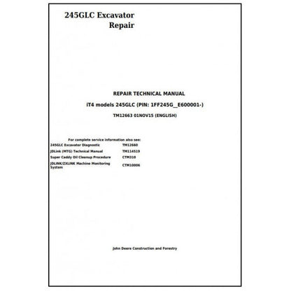 John Deere 245GLC IT4 Excavator Service Repair Technical Manual Pdf - TM12663