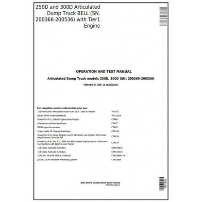 John Deere 250D, 300D Articulated Dump Truck Diagnostic, Operation and Tests Service Manual Pdf - TM1950