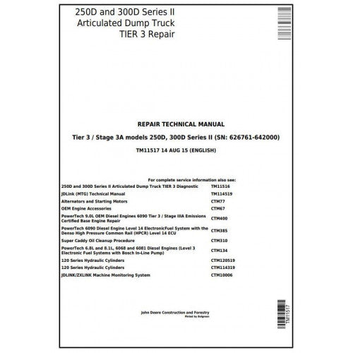 John Deere 250D, 300D Articulated Dump Truck Pdf Repair Service Technical Manual TM11517