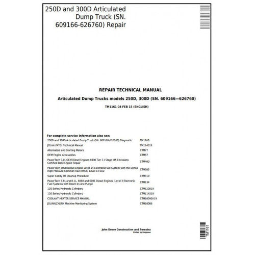 John Deere 250D, 300D Articulated Dump Truck Pdf Repair Service Technical Manual TM1161