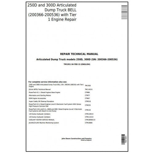 John Deere 250D, 300D Articulated Dump Truck Pdf Repair Service Technical Manual TM1951 2