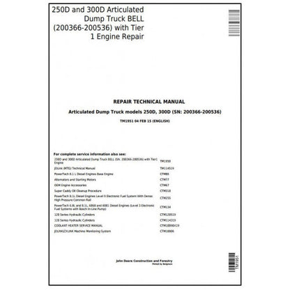 John Deere 250D, 300D Articulated Dump Truck Service Repair Technical Manual Pdf TM1951 2