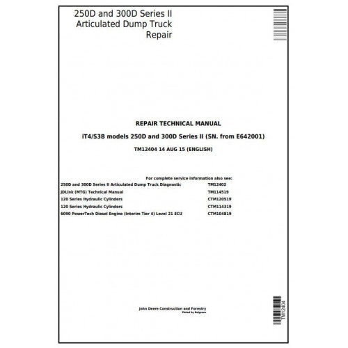 John Deere 250D, 300D Ser.2 Articulated Dump Truck Pdf Repair Service Technical Manual TM12404