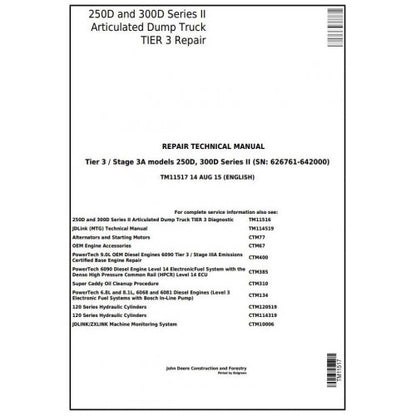 John Deere 250D, 300D Ser.2 Articulated Dump Truck Service Repair Technical Manual Pdf TM11517 2