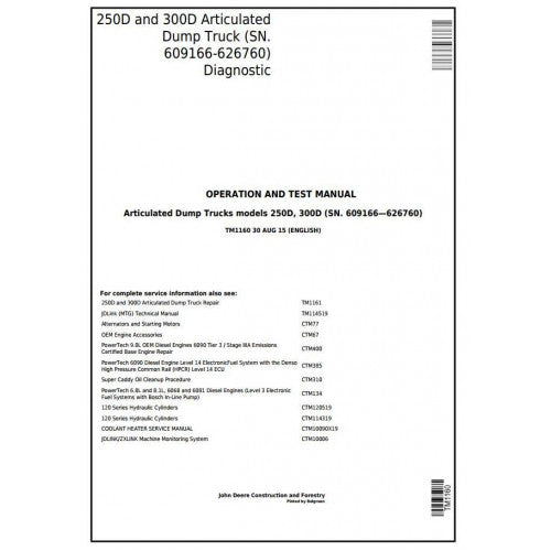 John Deere 250D and 300D Articulated Dump Truck Diagnostic, Operation and Tests Service Manual Pdf - TM1160