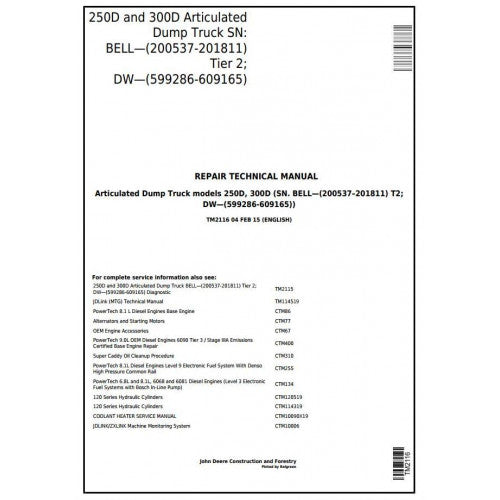 John Deere 250D And 300D Articulated Dump Truck Service Repair Technical Manual Pdf TM2116 2