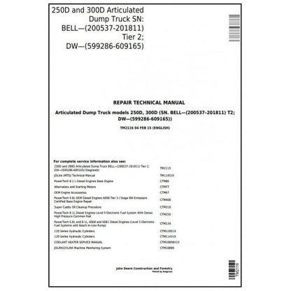 John Deere 250D And 300D Articulated Dump Truck Service Repair Technical Manual Pdf TM2116 2