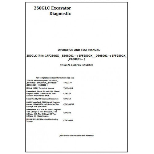 John Deere 250GLC Excavator Diagnostic, Operation and Tests Manual Pdf - TM12171