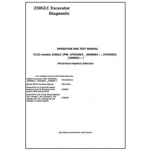 John Deere 250GLC Excavator Diagnostic, Operation and Tests Service Manual Pdf - TM13078X19