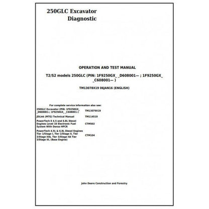 John Deere 250GLC Excavator Diagnostic, Operation and Tests Service Manual Pdf - TM13078X19