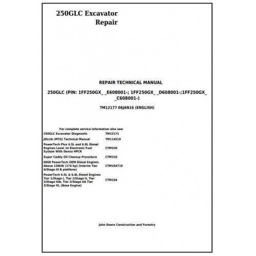 John Deere 250GLC Excavator Pdf Service Repair Technical Manual - TM12177