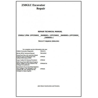 John Deere 250GLC Excavator Pdf Service Repair Technical Manual - TM12177