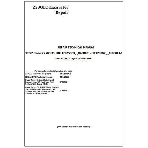 John Deere 250GLC Excavator Service Repair Technical Manual - TM13079X19 2