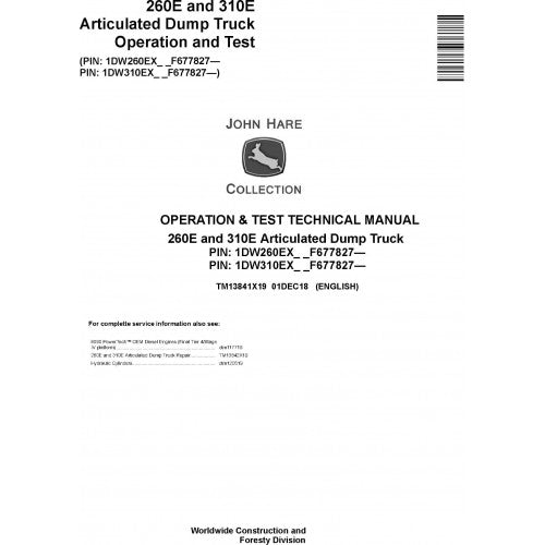 John Deere 260E, 310E Articulated Dump Truck Diagnostic, Operation and Tests Technical Service Manual Pdf - TM13841X19