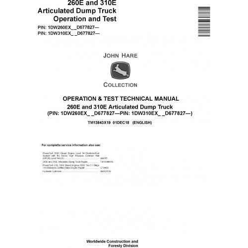 John Deere 260E, 310E Articulated Dump Truck Diagnostic, Operation and Tests Technical Service Manual Pdf - TM13843X19