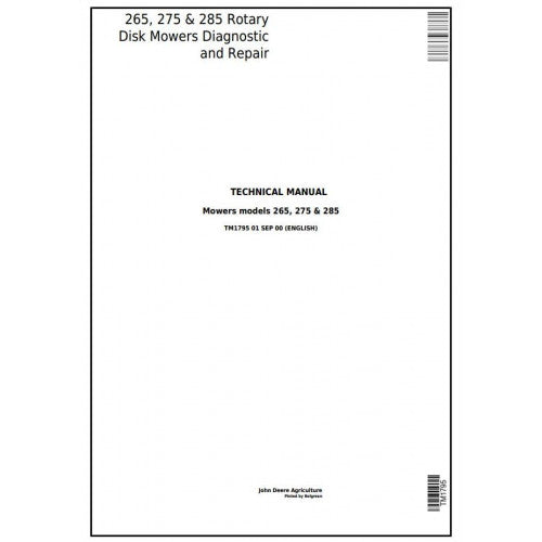 John Deere 265, 275 and 285 Rotary Disk Mowers Diagnostic and Repair Technical Manual Pdf - TM1795