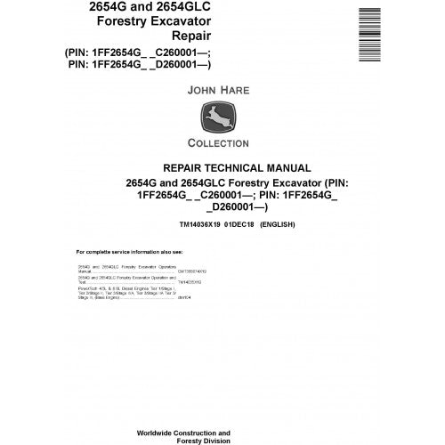 John Deere 2654G, 2654GLC Forestry Excavator Pdf Repair Service Technical Manual TM14036X19 2