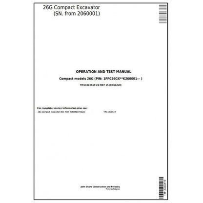 John Deere 26G Compact Excavator Diagnostic, Operation and Tests Service Manual Pdf - TM13323X19 2