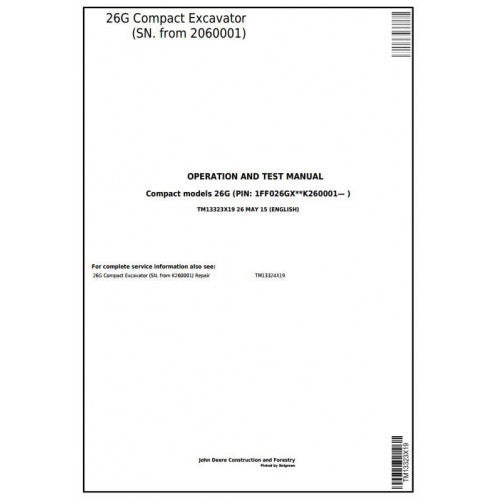 John Deere 26G Compact Excavator Diagnostic, Operation and Tests Service Manual Pdf - TM13323X19