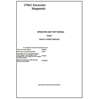 John Deere 270LC Excavator Diagnostic, Operation and Tests Service Manual Pdf - TM1667