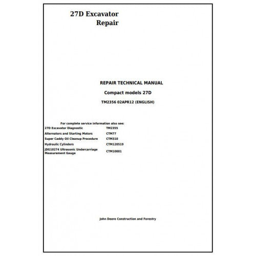 John Deere 27D Compact Excavator Pdf Repair Service Technical Manual TM2356