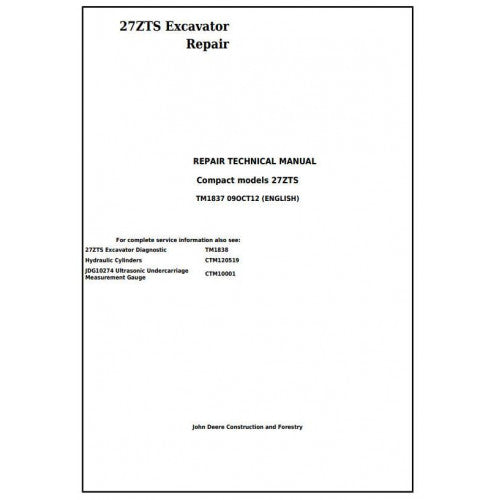 John Deere 27ZTS Compact Excavator Pdf Repair Service Technical Manual TM1837