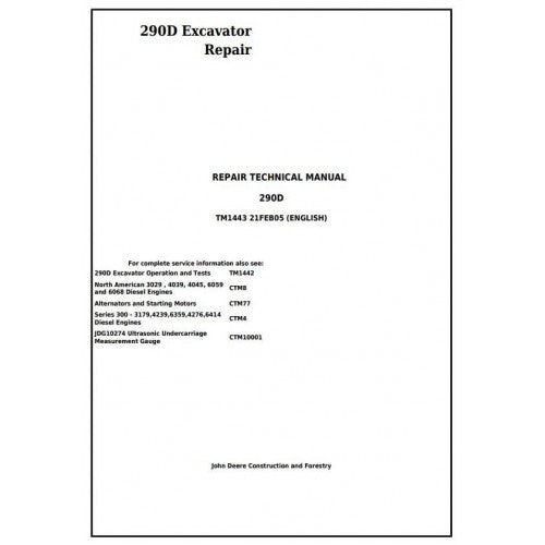 John Deere 290D Excavator Pdf Repair Service Technical Manual TM1443