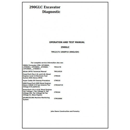 John Deere 290GLC Excavator Diagnostic, Operation and Tests Manual Pdf - TM12172