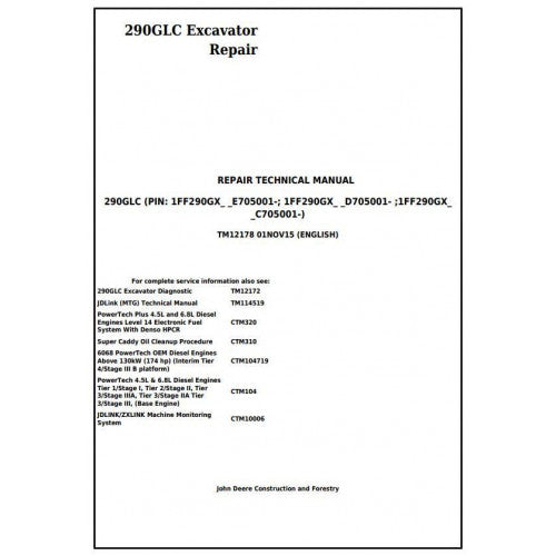 John Deere 290GLC Excavator Pdf Service Repair Technical Manual - TM12178