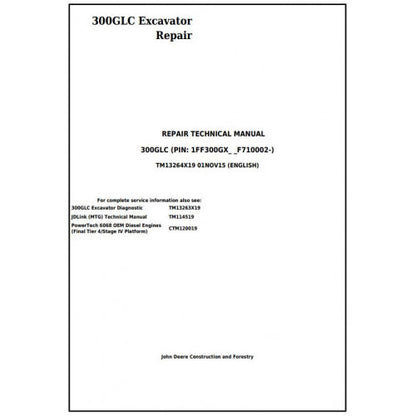 John Deere 300GLC Excavator Pdf Repair Service Technical Manual TM13264X19