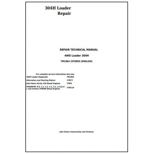 John Deere 304H 4WD Loader Pdf Repair Service Technical Manual TM1864