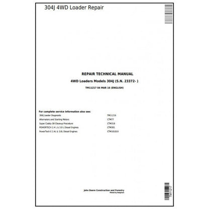 John Deere 304J 4WD Loader Service Repair Technical Manual Pdf TM11217 2