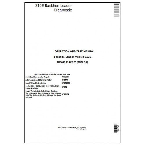 John Deere 310E Backhoe Loader Diagnostic, Operation and Tests Service Manual Pdf - TM1648