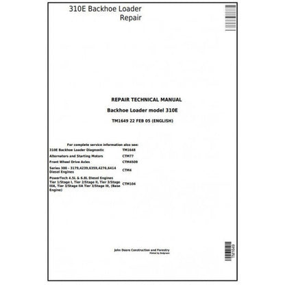 John Deere 310E Backhoe Loader Pdf Repair Service Technical Manual TM1649