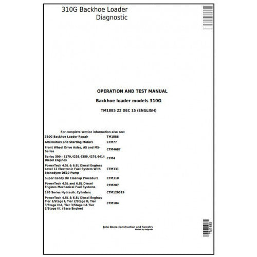 John Deere 310G Backhoe Loader Diagnostic, Operation and Tests Service Manual Pdf - TM1885